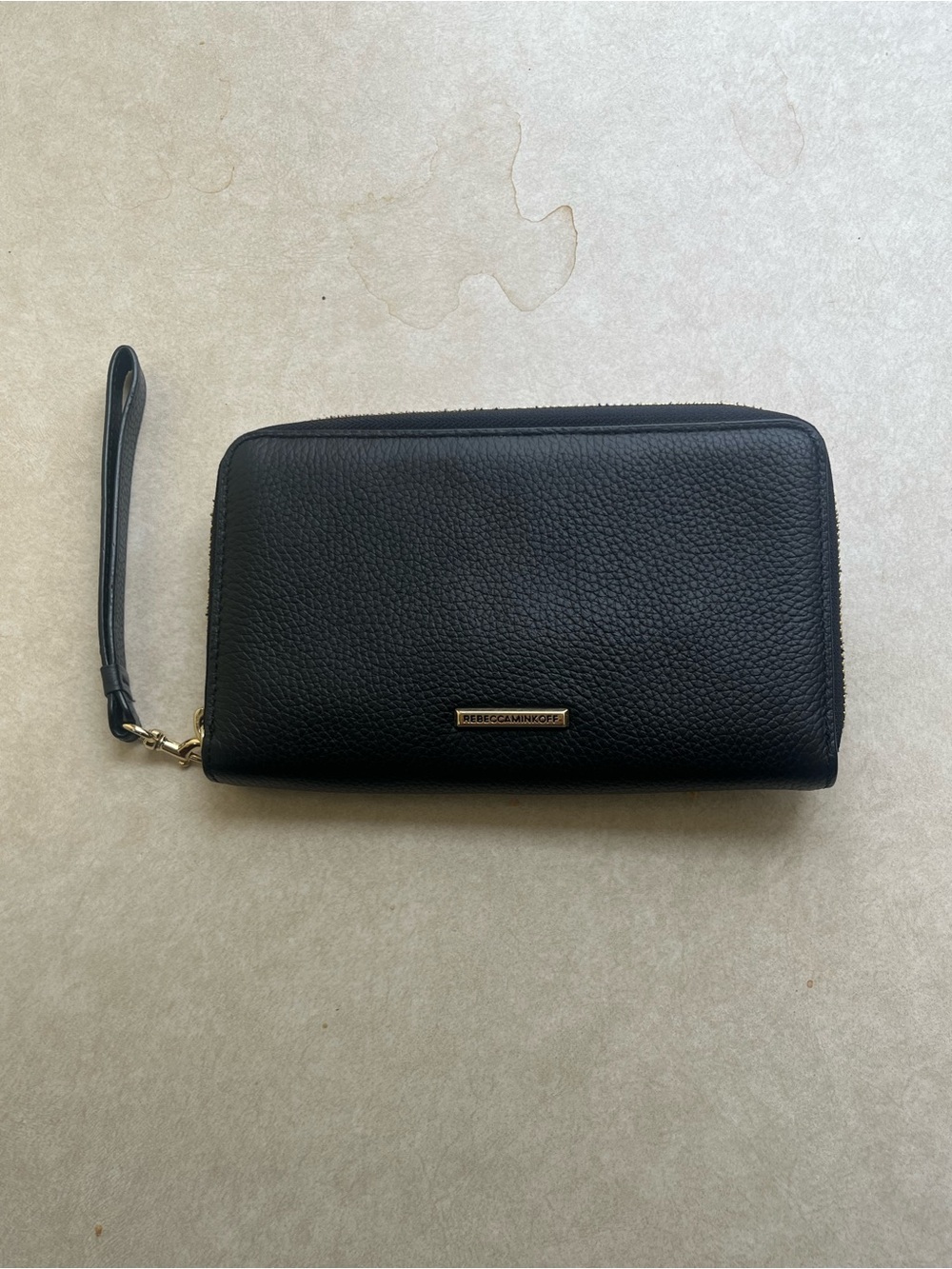 Rebecca Minkoff Black Pebbled Leather Wristlet with Gold Accent